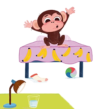 Ilustración la rutina del sueño del cuento Mono Coco pierde el chupete